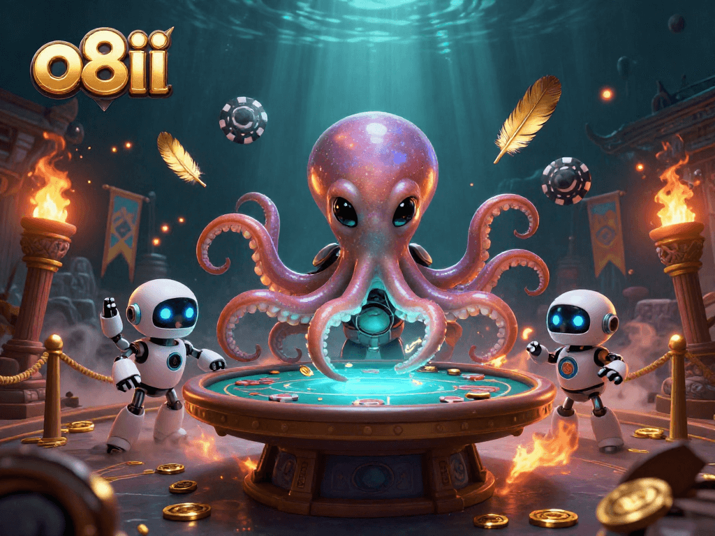 Engage in exciting gaming adventures at O8II with a 3D alien octopus operating a holographic poker game.