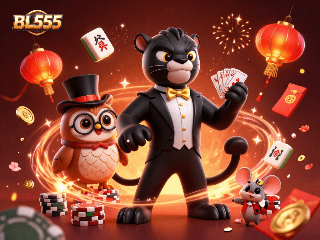 Engaging scene depicting the stylish BL555 black panther dealer with poker elements and festive decorations