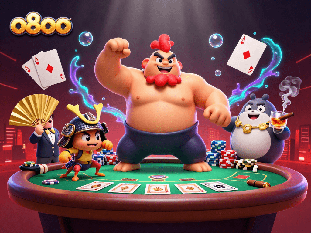 Join the action at o8oo with a fierce sumo wrestler, samurai cricket, and tanuki announcer at a vibrant poker table.