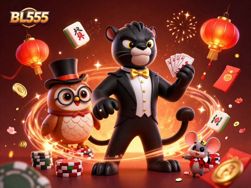 Engaging scene depicting the stylish BL555 black panther dealer with poker elements and festive decorations