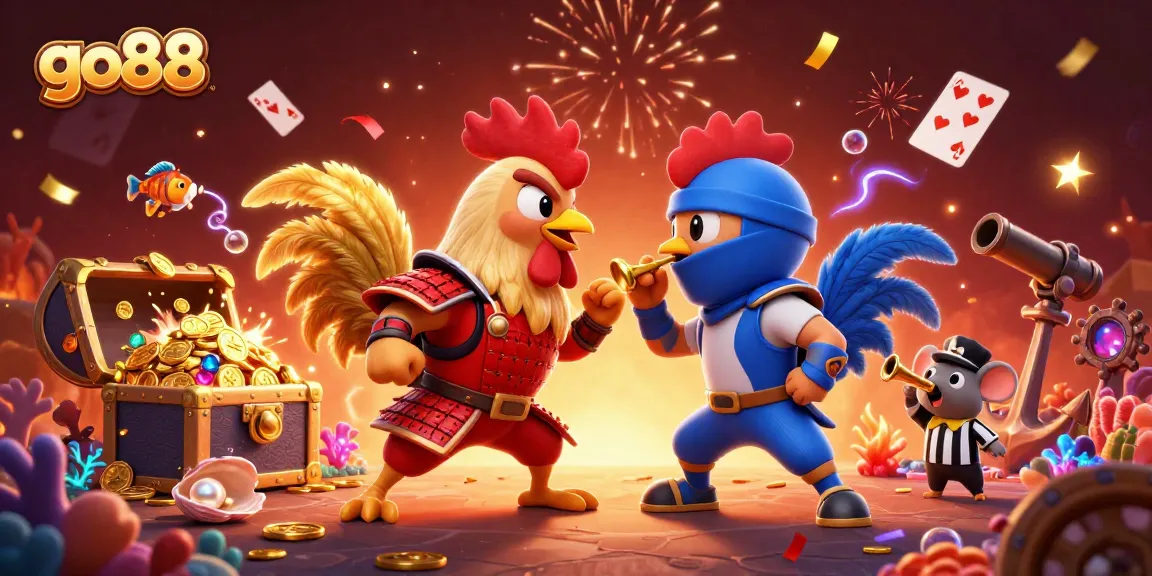 Win big at go88 with an exciting duel between fighting roosters in a colorful casino scene.
