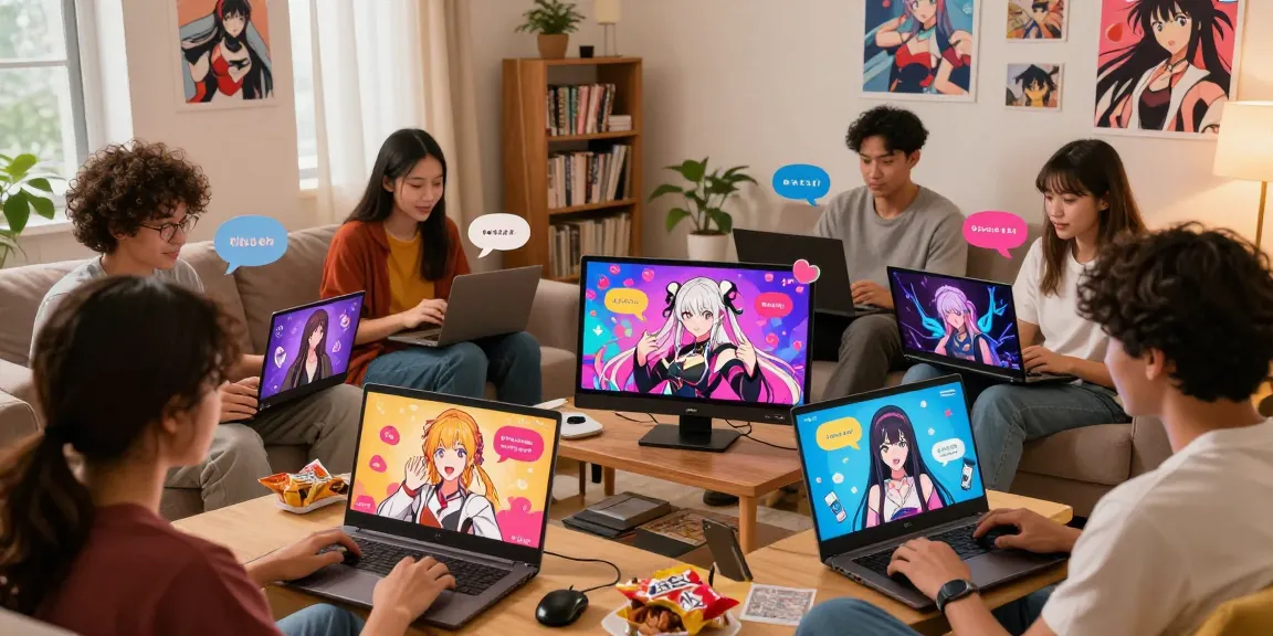 Engaging ecchi chat platform scene with users connecting with anime characters.