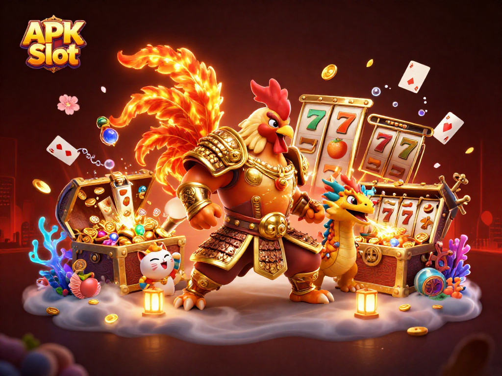 Play APK Slot with this vibrant scene featuring a majestic rooster warrior and dragon hatchling amidst casino treasures.
