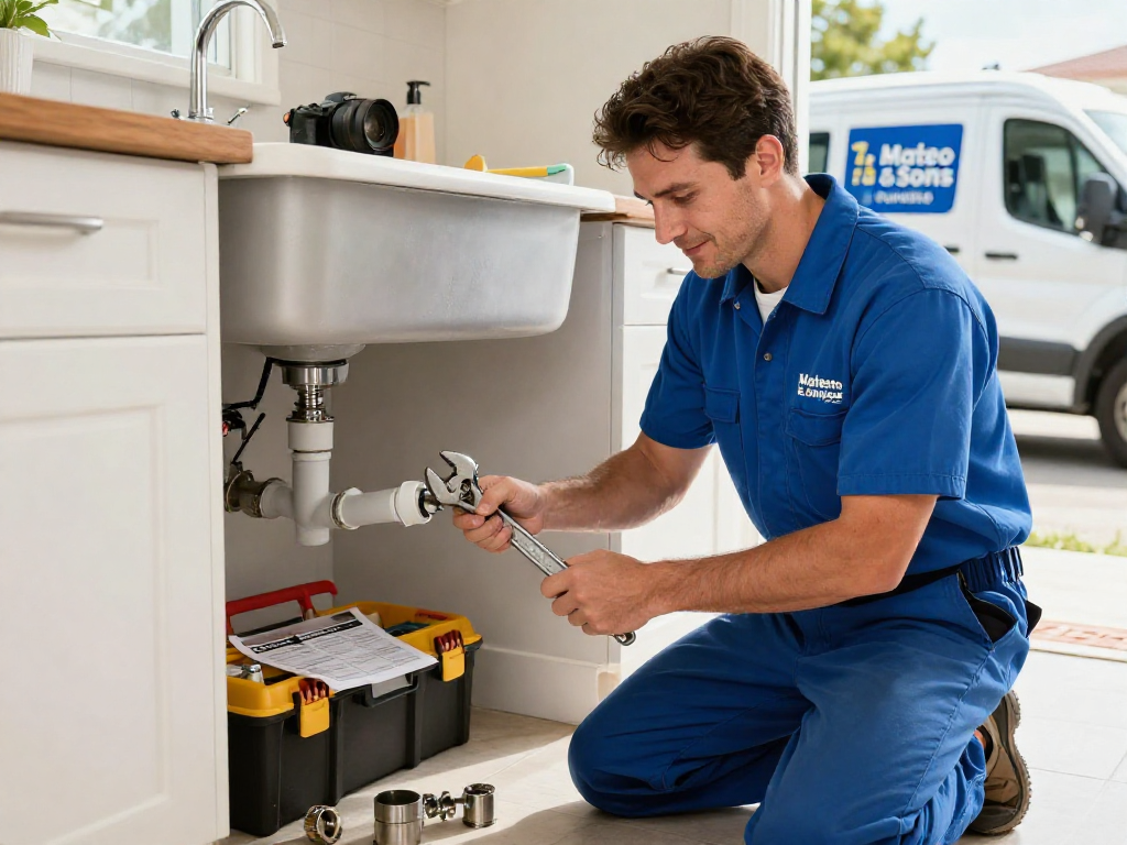 Mateo and Sons Plumbing expert repairing a burst pipe under a kitchen sink, emphasizing reliable home plumbing service.