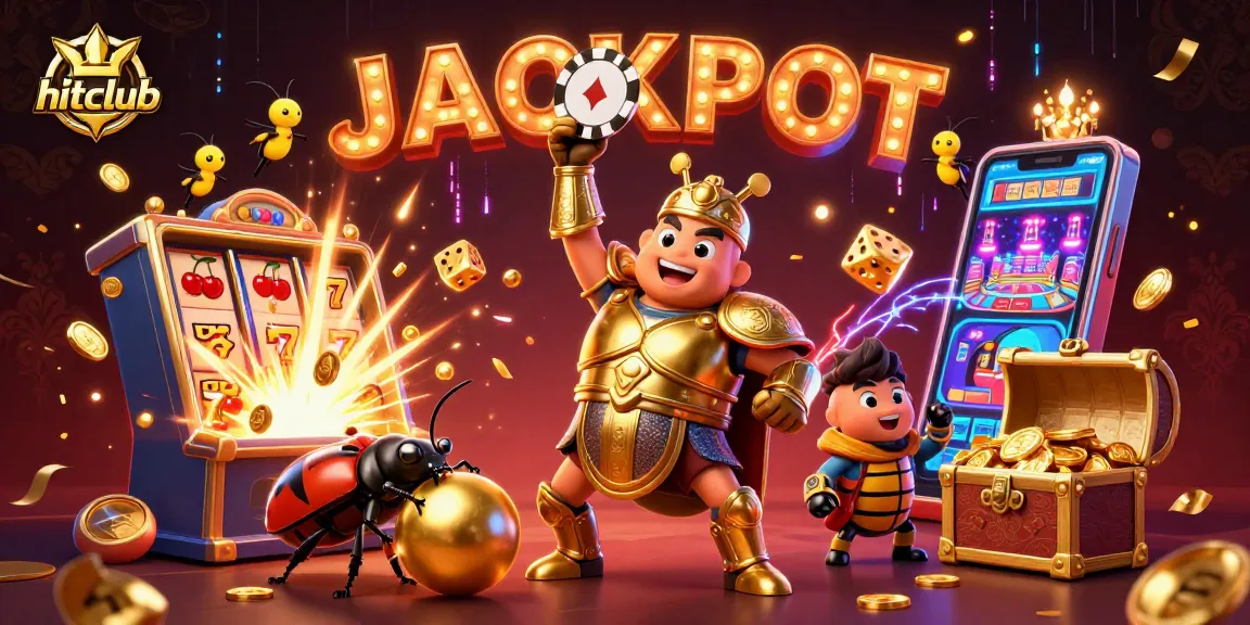 Hitclub's jackpot scene featuring a heroic beetle lifting a poker chip amidst vibrant casino elements.