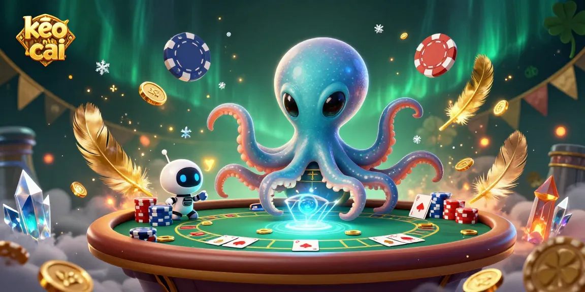 Engage in keo nha cai with an alien octopus at a holographic poker table, amid a cosmic backdrop.