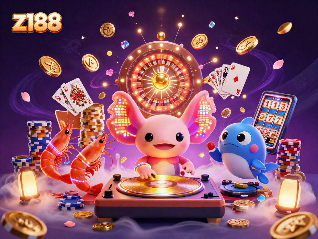 Spin with z188's neon axolotl DJ in a lively underwater casino scene.
