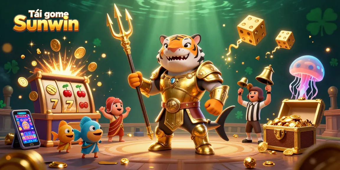 Tải game Sunwin with a fun 3D tiger shark and colorful casino elements in a vibrant underwater scene.