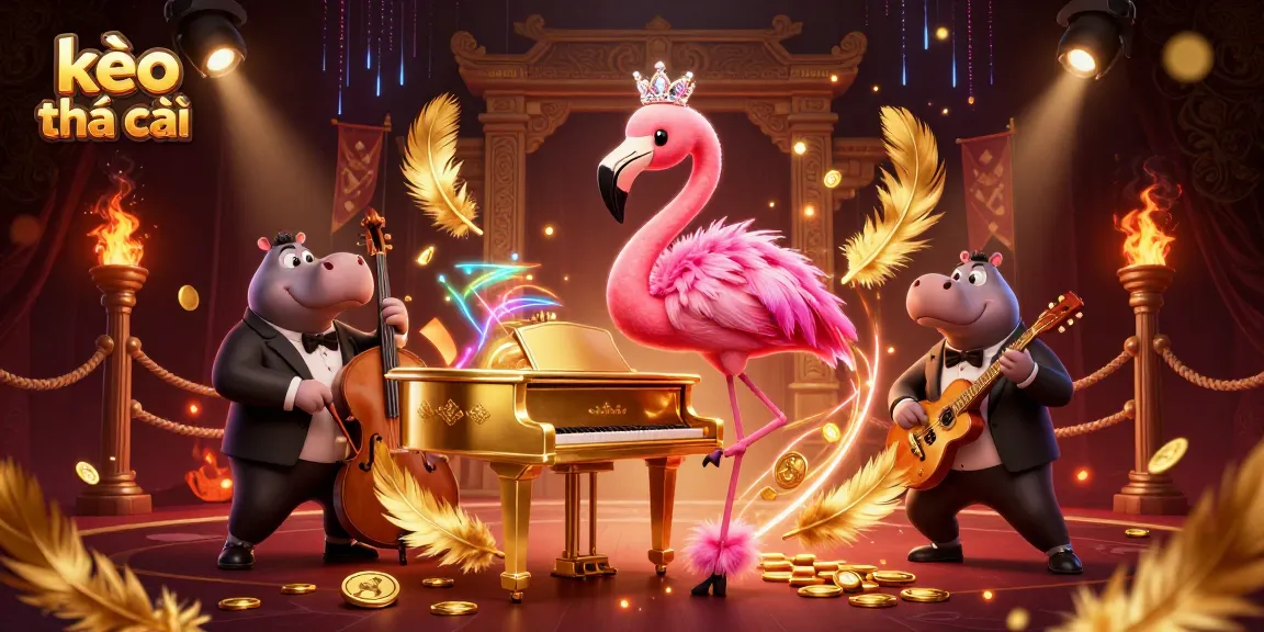 Experience kèo nhà cái with a vibrant 3D casino scene featuring a flamingo singer and hippo bassist.