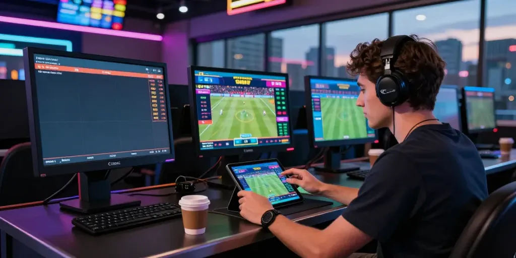 Dynamic sports betting player engaging with SIN88 platform at a modern gaming station.