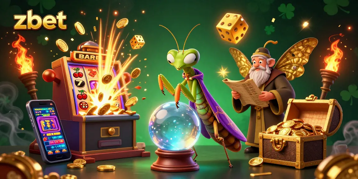 Win big with zbet: 3D illustration of a fortune teller, librarian, and slot machine bursting with treasures.
