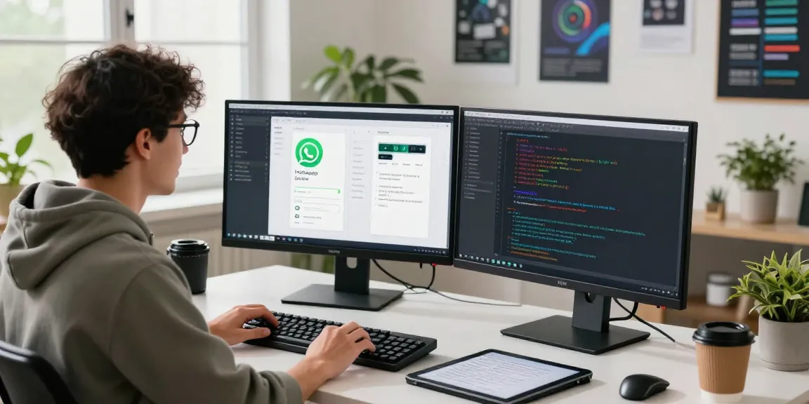Developer enhancing WhatsApp下載 experience with dynamic coding setup and vibrant workspace.