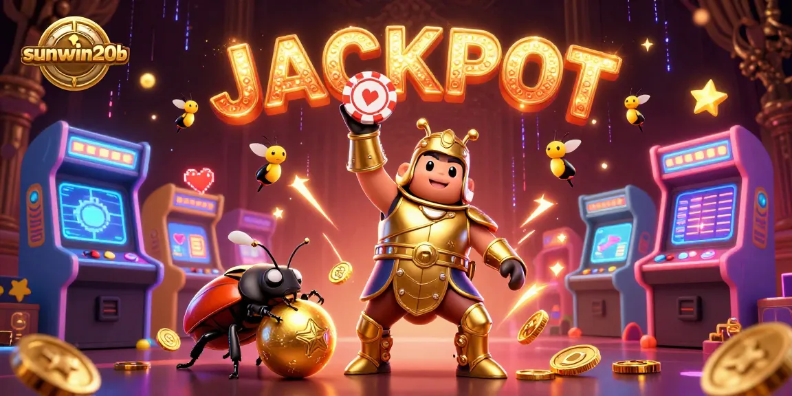 sunwin20b celebrates victory with a hercules beetle in a golden armor lifting a poker chip at an exciting casino.