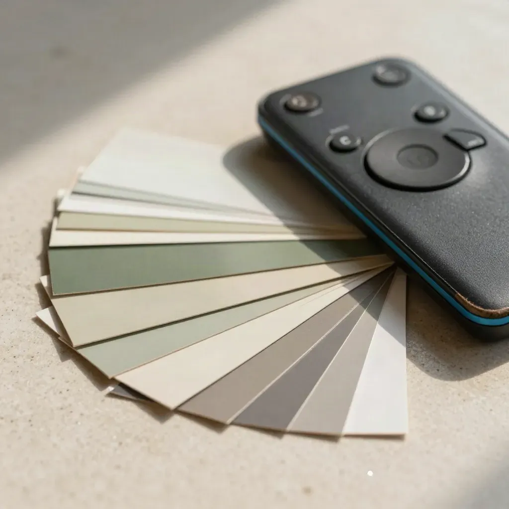 Macro of swatch cards, presentation remote and matte portfolio sleeve on limestone with blue accent.
