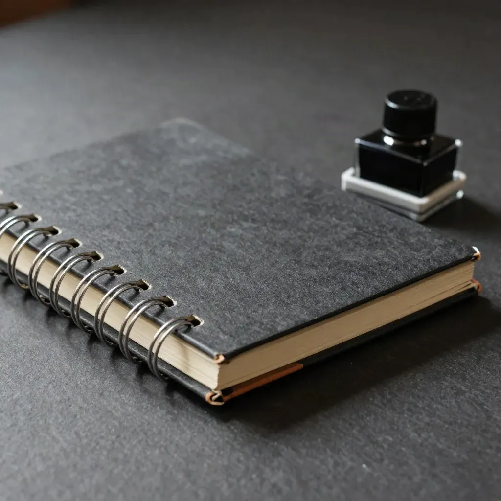 Closed ring-bound notebook, tabs, steel clip and stamp pad on slate, lit from upper left.