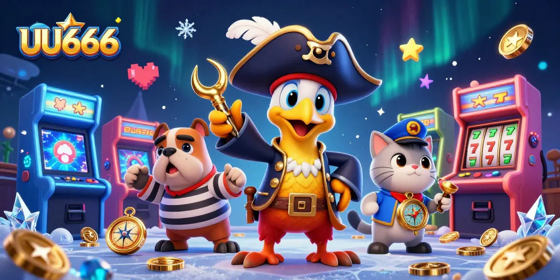 UU666 pirates celebrate wins with glowing arcade machines and vibrant gaming action in a dynamic casino scene.