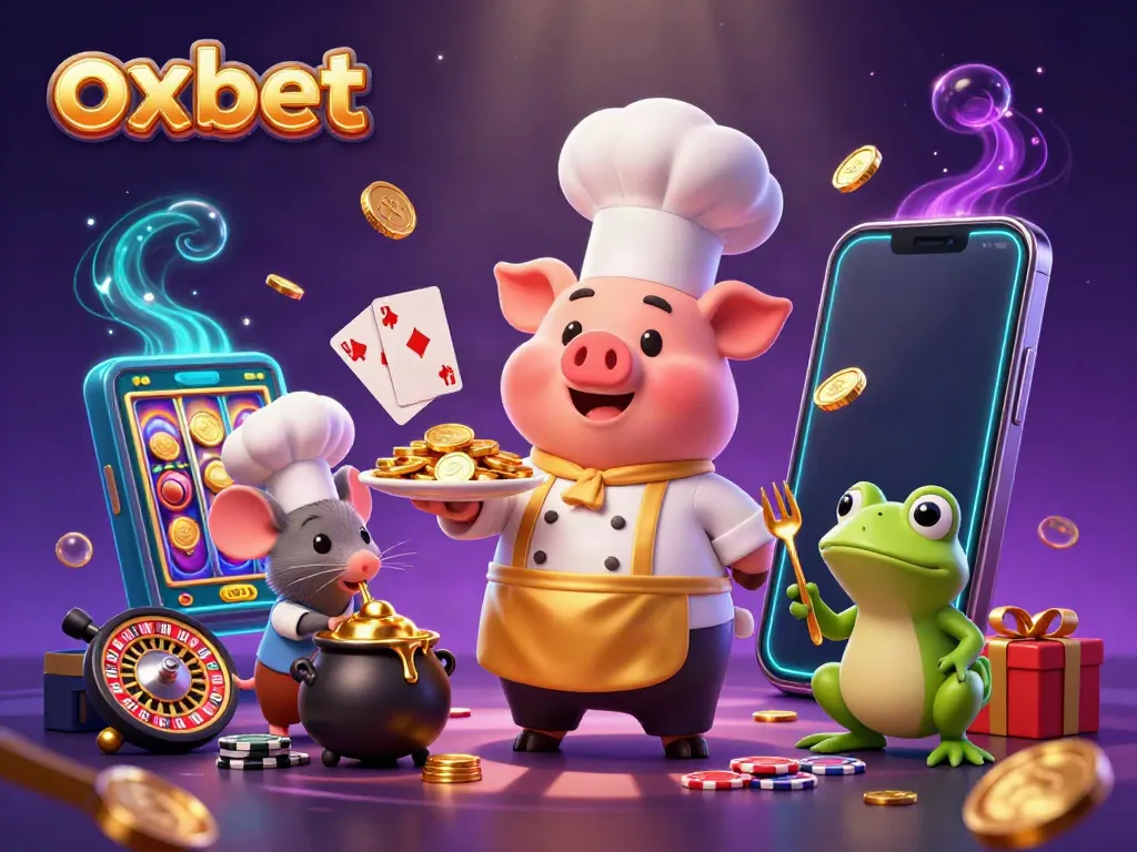 Experience the excitement of oxbet with a chef pig serving gold coins, immersive casino elements, and vibrant colors.
