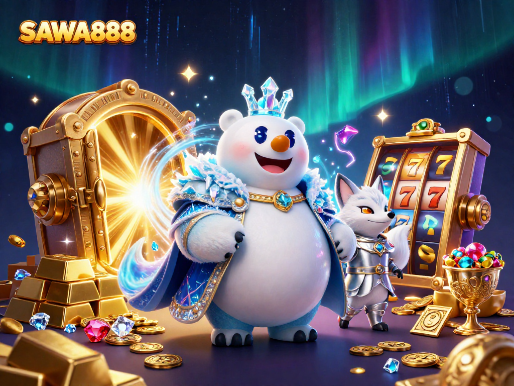 Experience the dazzling world of SAWA888 with treasures and slot excitement in this vibrant 3D illustration.