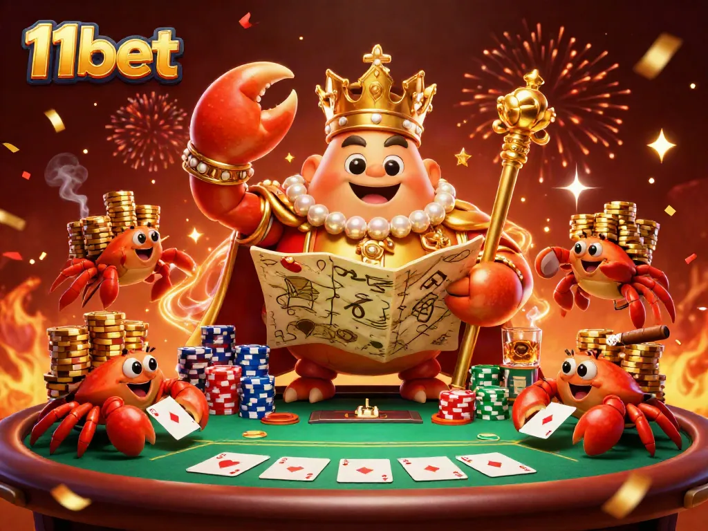Experience thrilling casino action with 11bet's golden crab emperor and poker game elements.