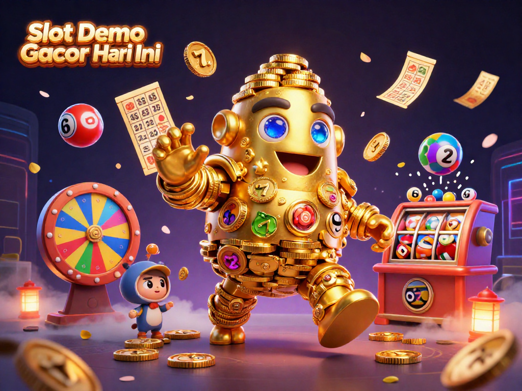 Experience thrilling Slot Demo Gacor Hari Ini with a dynamic 3D illustration of a golden golem amidst gambling elements.