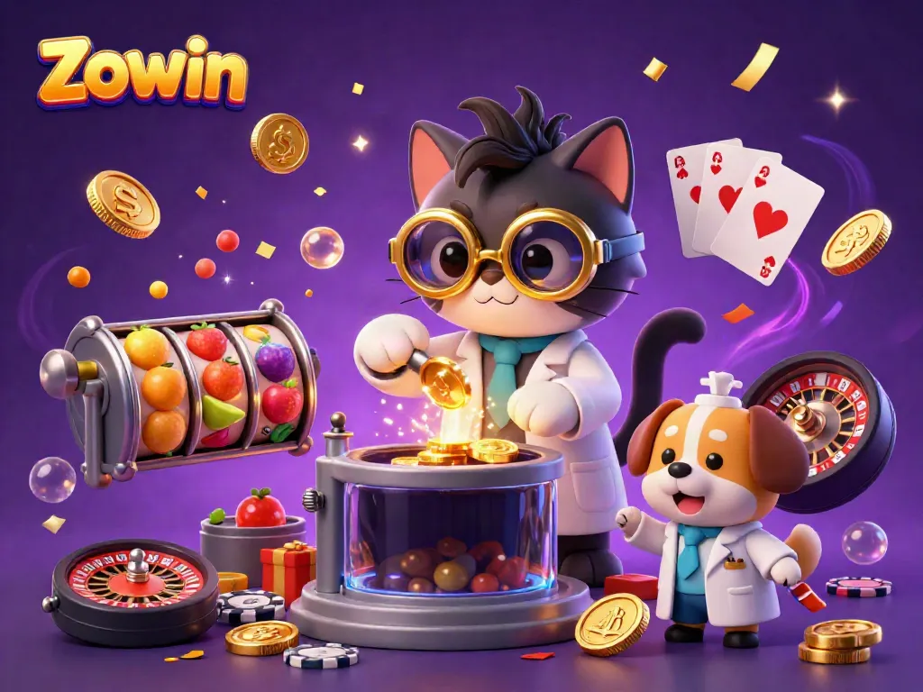 Zowin's exciting lab scene showcases a mad scientist cat creating golden winnings amid vibrant slot games.