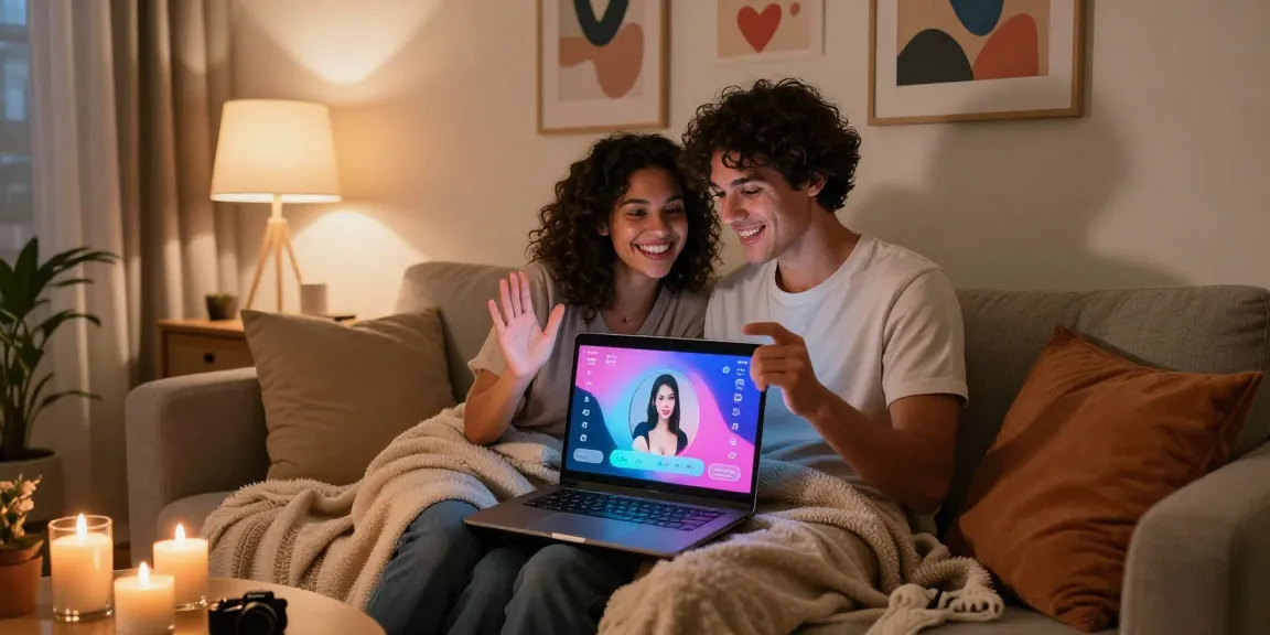 Couple exploring a sex AI app on a laptop in a cozy setting.
