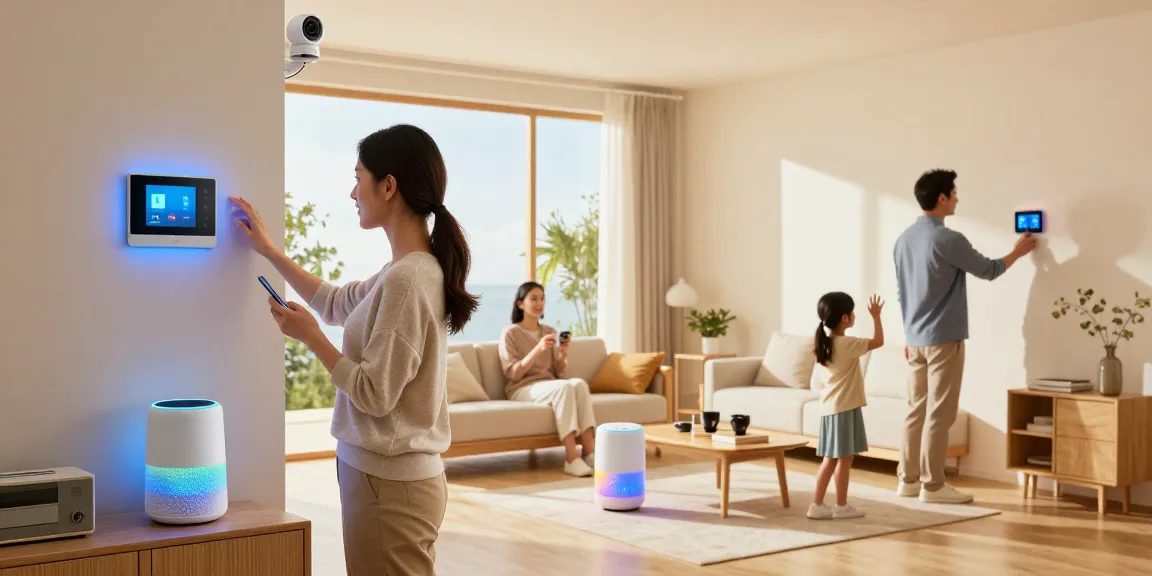 Family enjoying the best smart home gadgets 2026 in a bright living room with smart devices.