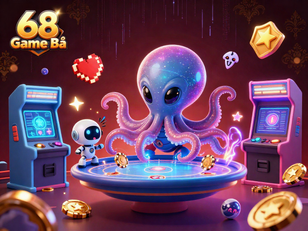 Experience thrilling action with 68 Game Bài at a holographic poker table surrounded by dynamic gaming elements.