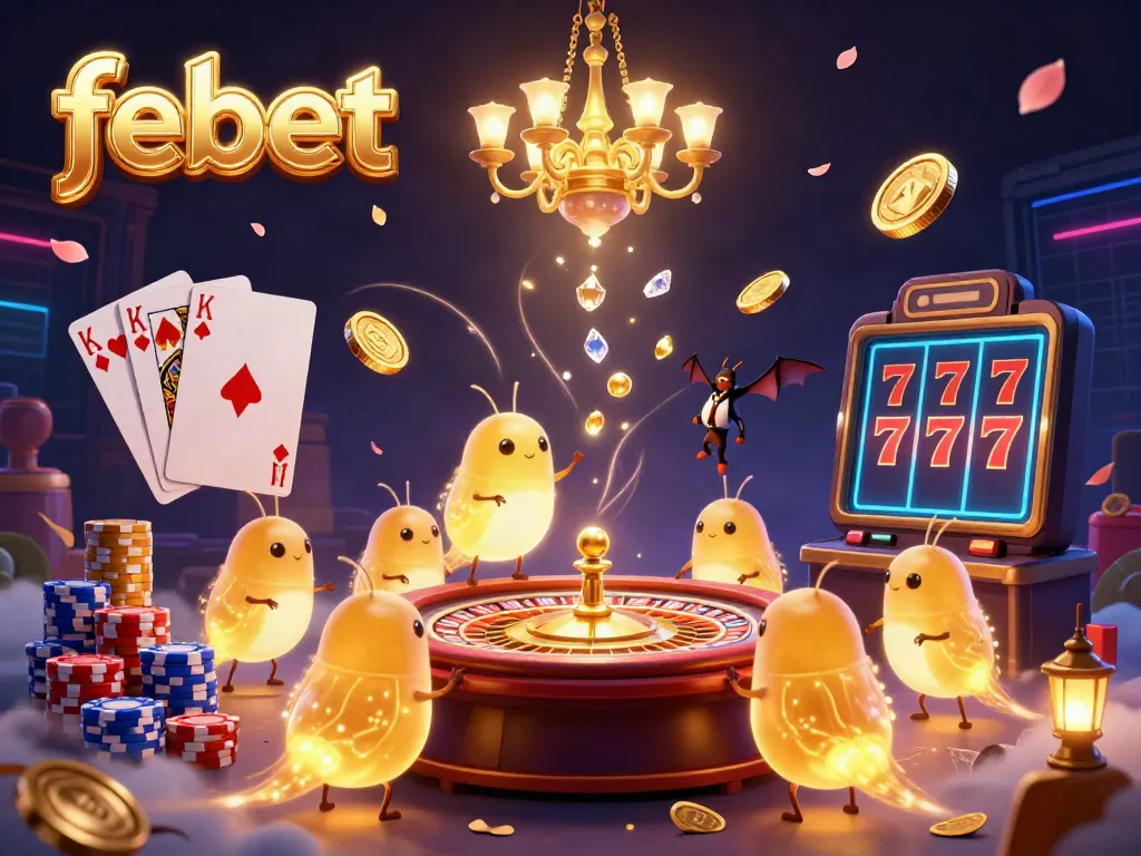 Play at febet with colorful cartoon glowworms lighting up a lively casino atmosphere.