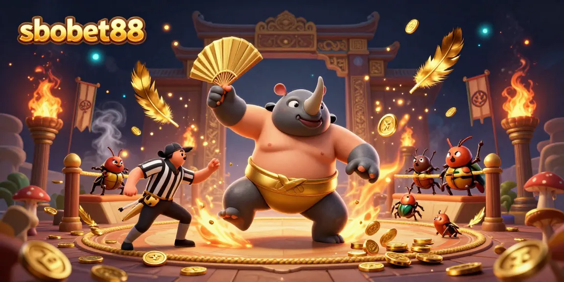 Experience the thrill of sbobet88 with a dynamic 3D scene showcasing a beetle champion and vibrant casino elements.