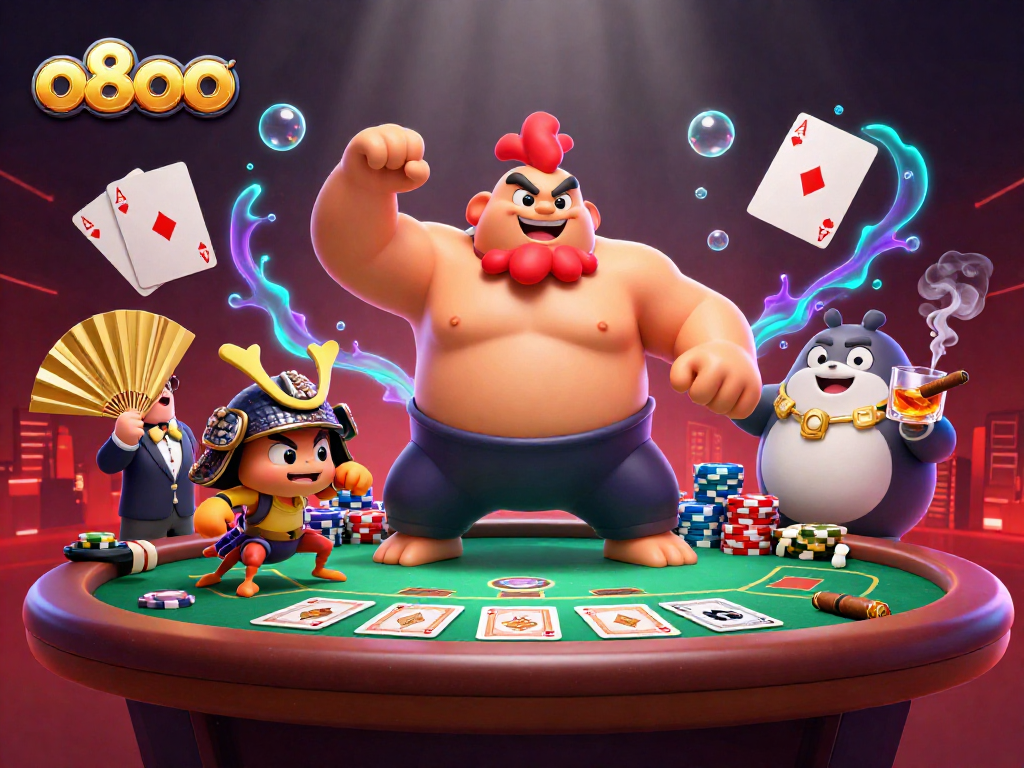Join the action at o8oo with a fierce sumo wrestler, samurai cricket, and tanuki announcer at a vibrant poker table.