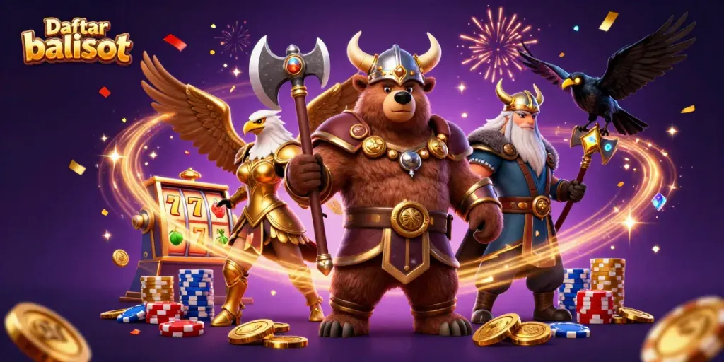 Engage in thrilling adventures with Daftar balisot featuring Viking characters, golden slots, and captivating casino elements.