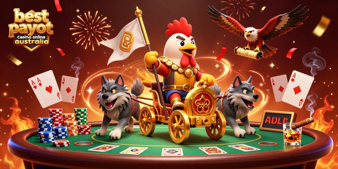Engage with the best payout casino online Australia while the rooster warlord celebrates wins at a poker table.