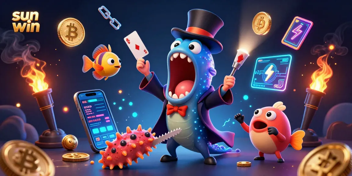 Experience sun win's magical card tricks in a vibrant 3D casino illustration.