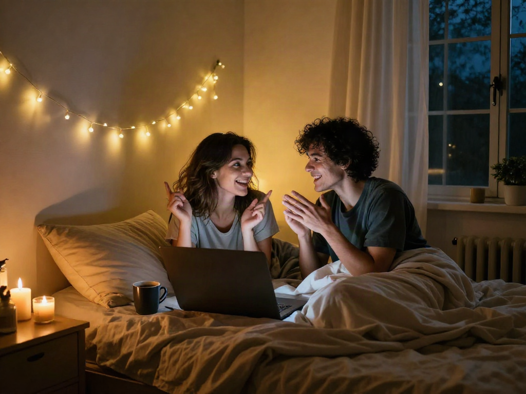 Couple enjoying a cheerful sexchat in a cozy bedroom atmosphere with fairy lights and warm tones.