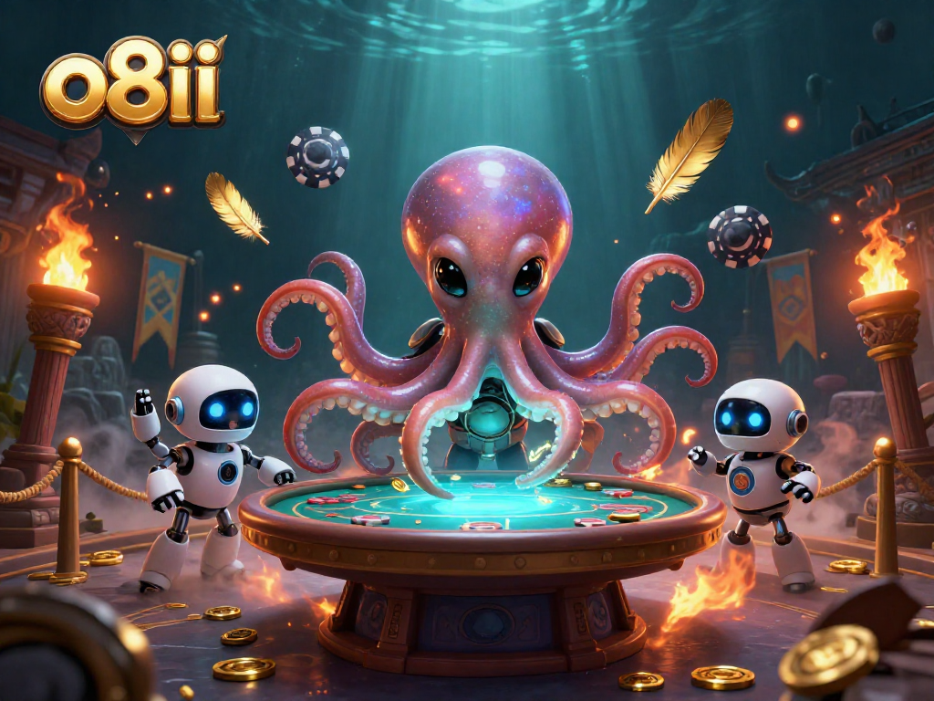 Engage in exciting gaming adventures at O8II with a 3D alien octopus operating a holographic poker game.