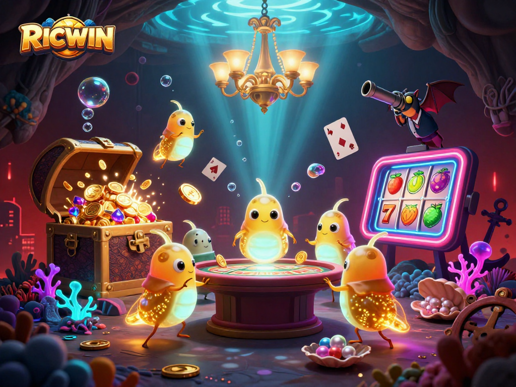 Experience RICWIN as glowworms illuminate an exciting cave casino with vibrant gaming elements.