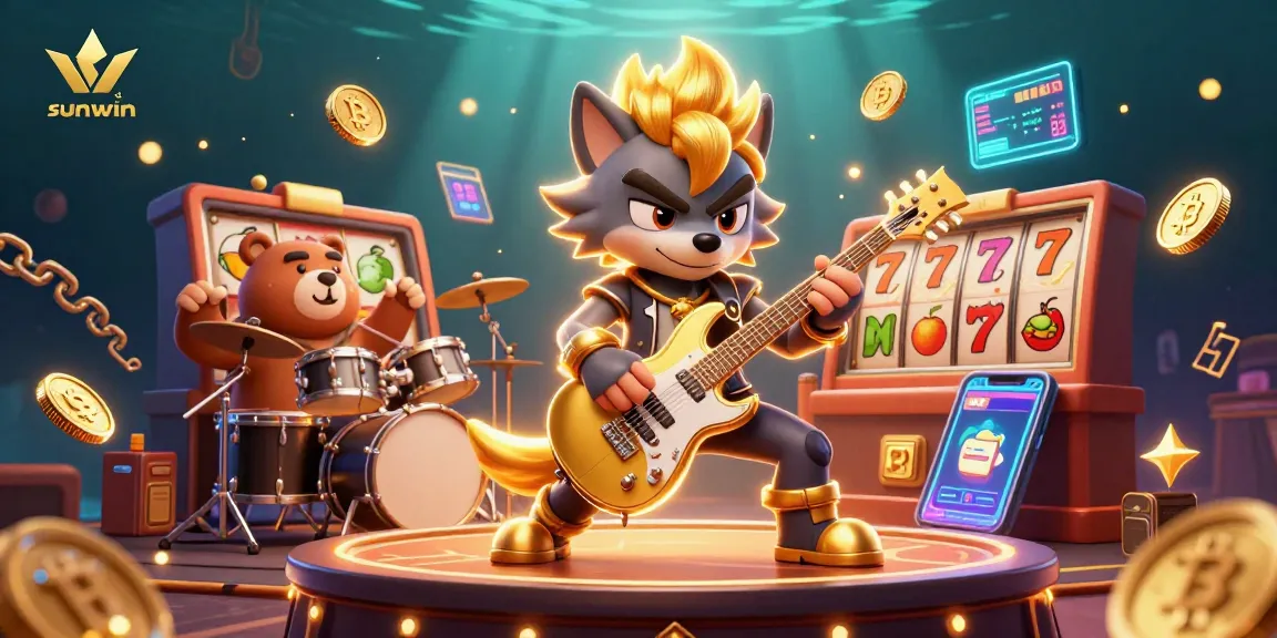 Experience the excitement of sunwin with a rocking wolf and bear in this vibrant casino scene.
